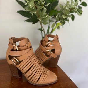 Tan, heeled bootie / sandal with gold buckles